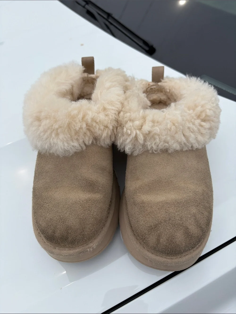 UGG Kids TazzelleSuede Shearling Clog in Taupe with Cream Trim
